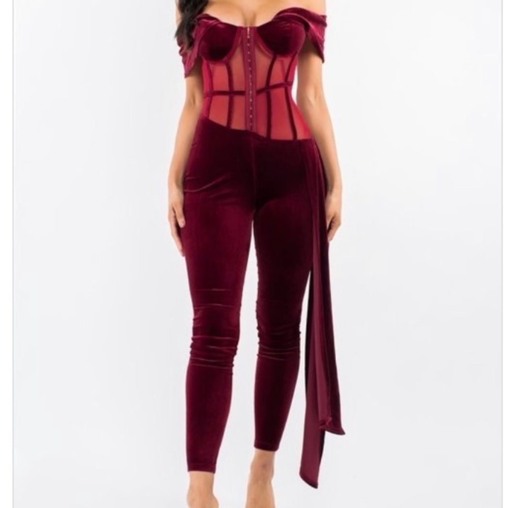 Velvet Burgundy Jumpsuit. Small, Medium, Large